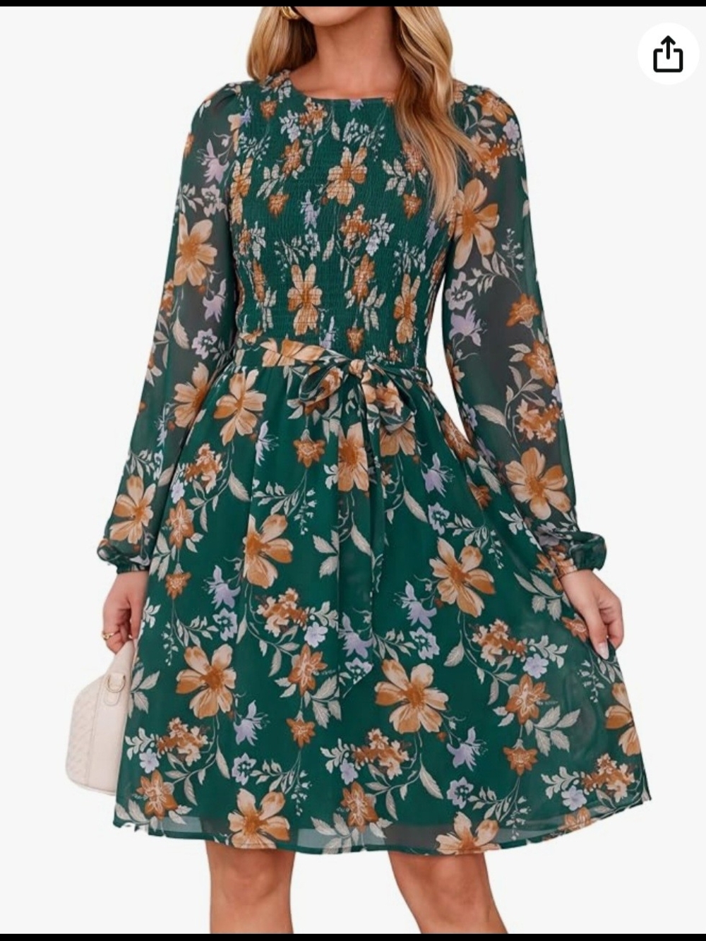 Vintage-Inspired Green Floral Chiffon Long-Sleeve Smocked Waist Dress